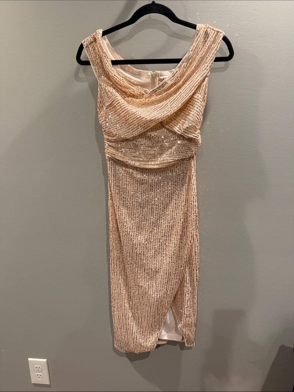 Sequin-Embellished Cowl Neck Midi Dress in Champagne